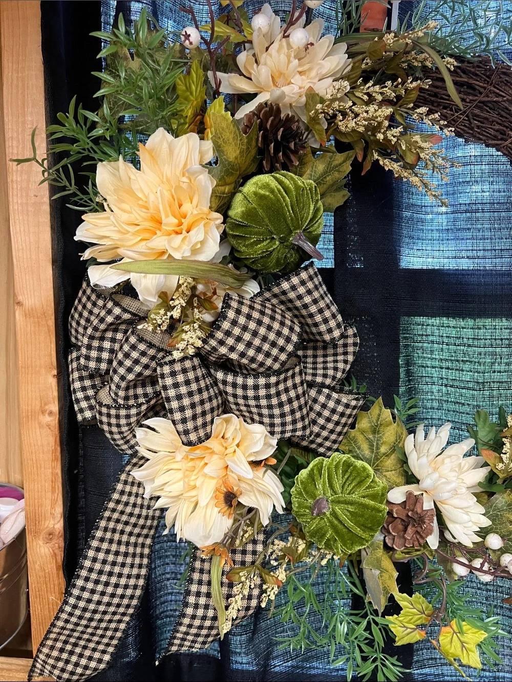 Handcrafted Cream Floral Grapevine Wreath with Green Accents